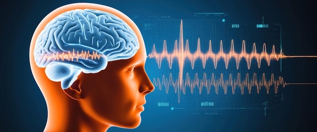 Foto illustration eines menschlichen kopfes mit gehirnwellen und herzschlag-visualisierung