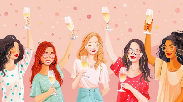 Foto illustration verschiedener frauen, die mit champagner vor einem lebendigen konfetti-bac feiern und toasten