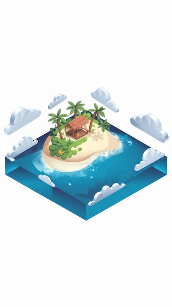 Foto ilustração 3d de praia ilha isométrica com oceano e areia isolada com nuvens anúncios de viagens