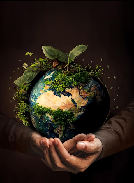 Foto ilustração 3d do dia da terra, homem segurando o globo com uma folha crescendo. salvar o conceito de planeta.
