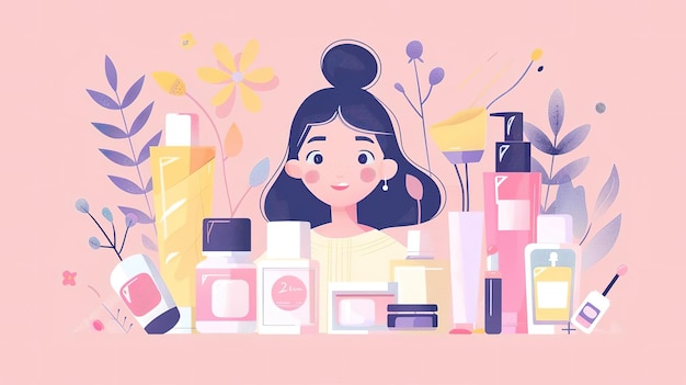 Foto ilustração de desenho animado de uma menina cercada por vários produtos de beleza que representam uma rotina de beleza ou conceito de cuidados com a pele