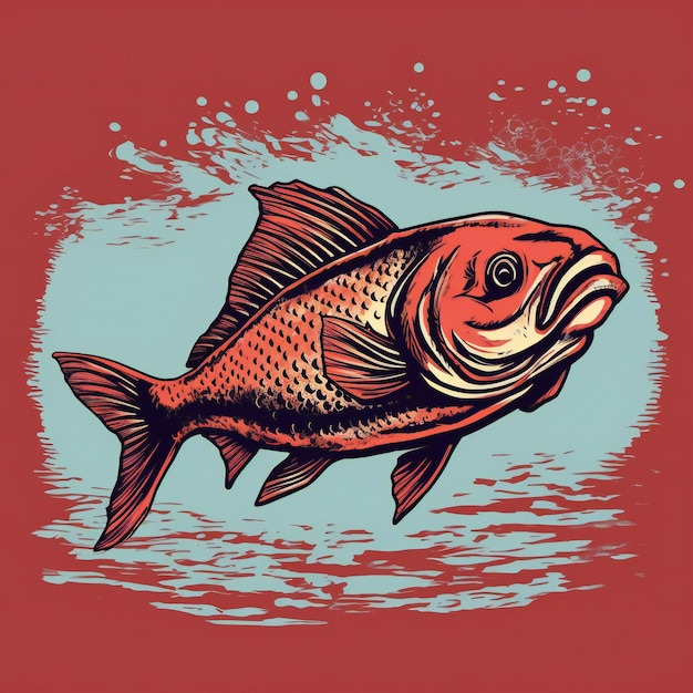 Ilustração de um peixe grande em um fundo vermelho com salpicos