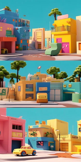 Foto ilustração em 3d de uma cidade colorida em estilo de desenho animado