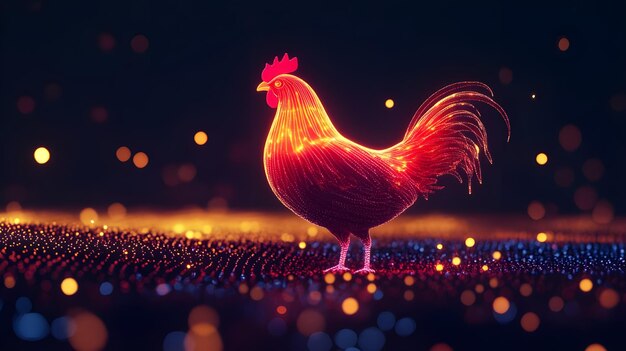 Foto imagem de frango iluminado contra a escuridão com efeito de luz pontilhada