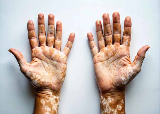 Foto imagem em close-up de mãos com pigmentação de vitiligo em fundo branco conscientização da condição da pele