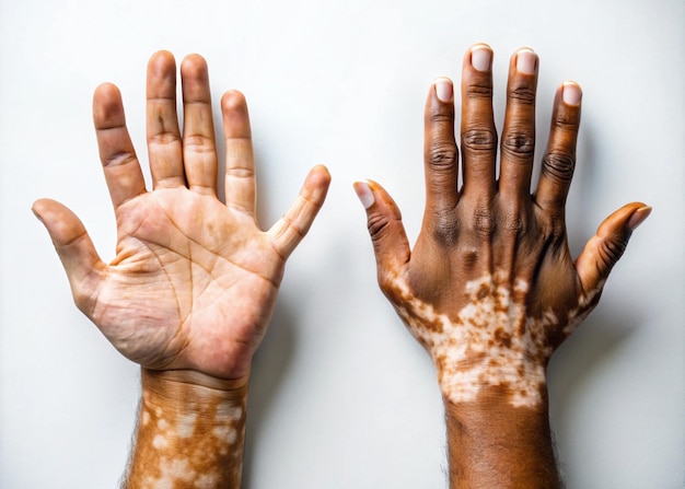 Foto imagem em close-up de mãos com pigmentação de vitiligo em fundo branco conscientização da condição da pele