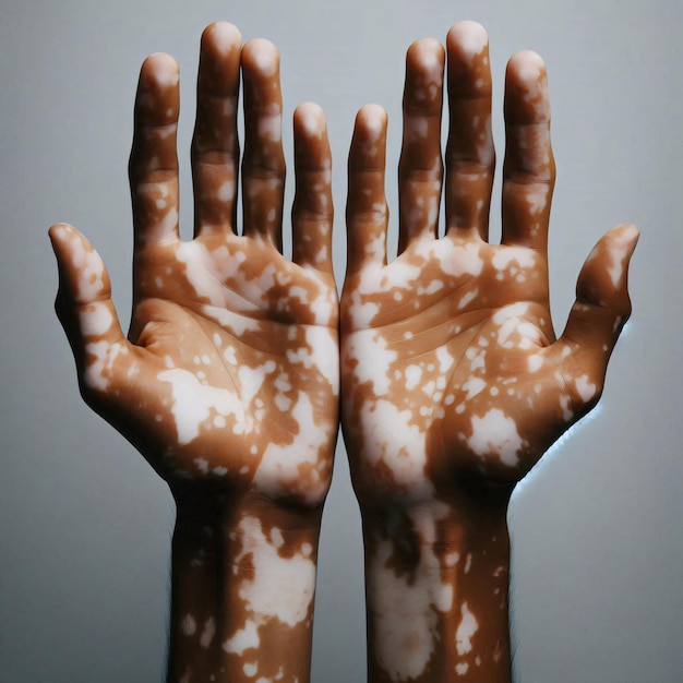 Foto imagem em close-up de mãos com pigmentação de vitiligo em fundo branco conscientização da condição da pele