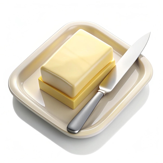 Foto in butter dish with knife 3d-illustration isoliert auf weißem hintergrund