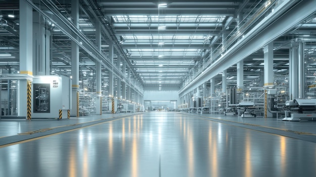 Foto industrie-fabrikinterieur mit polierten böden und reflektierenden lichtern