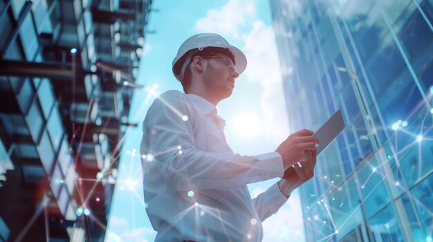 Foto ingenieur mit weißem sicherheitshelm benutzt ein digitales tablet mit verschwommenem modernen gebäude