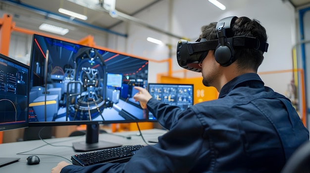 Foto ingenieure nutzen fortgeschrittene virtuelle realität für die entwicklung hochmoderner industrieller ausrüstung