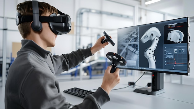 Foto ingenieursstudent benutzt ein vr-headset, um bionische gliedmaßen zu steuern