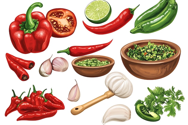 Foto ingredientes frescos para molho verde picante com pimentas, alho, limão e cilantro