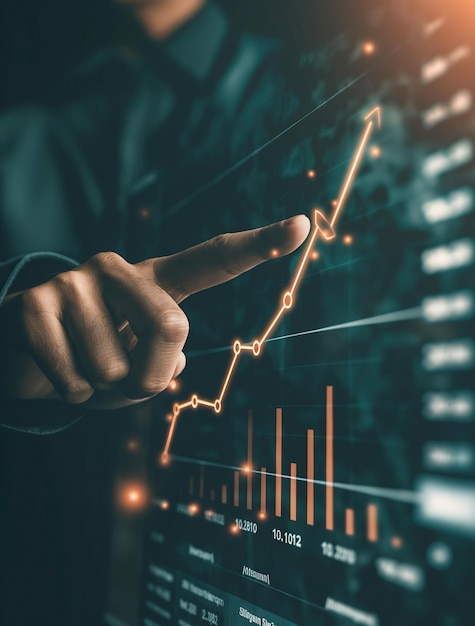 Interação por toque com gráficos de crescimento do mercado em interface digital