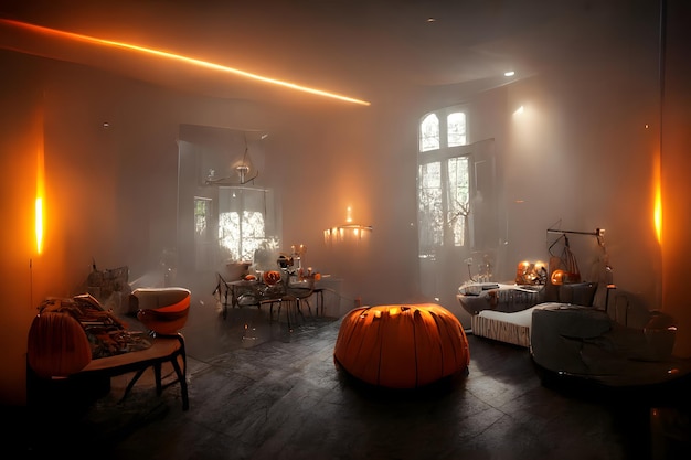 Interior de casa decorado de Halloween com arte gerada pela rede neural de figuras fantasiadas