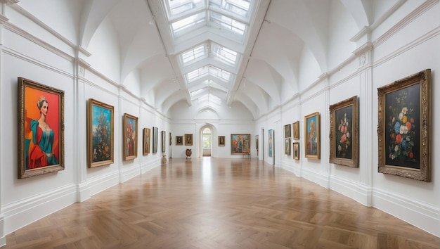 Foto interior do museu com paredes brancas impressionantes e janelas altas no teto cheias de várias peças de arte