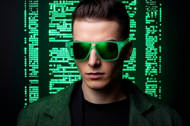 IT-Spezialist mit intelligenter Brille und generativer Cyberspace-Green-Matrix-KI