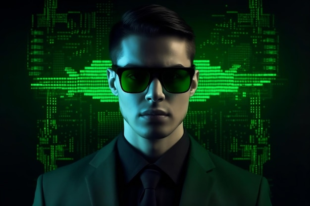 IT-Spezialist mit intelligenter Brille und generativer Cyberspace-Green-Matrix-KI