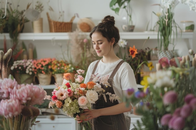 Foto jovem e linda florista a cuidar de flores.