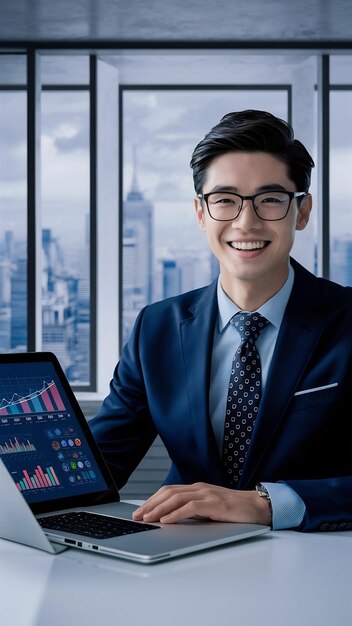 Foto jovem empresário de sucesso sorrindo sentado com um laptop