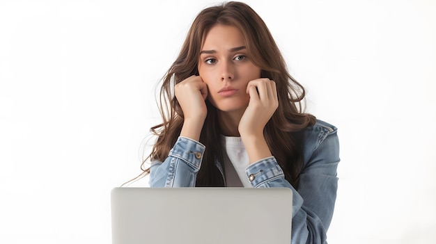 Foto jovem mulher de negócios pensando em algo enquanto estava sentada em frente a um computador portátil aberto