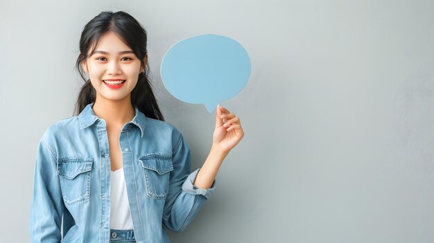 Foto joyful asian woman hält ein lebendiges speech bubble-schild, das die essenz der positiven kommunikation und der kreativen botschaft für ansprechende visuelle inhalte perfekt erfasst.