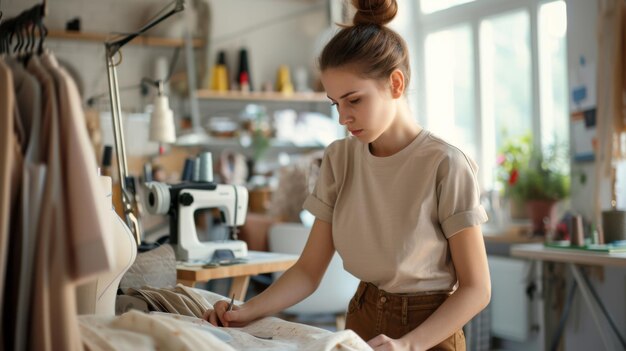 Foto junge frau in einem studio, die ein kleidungsstück an einem mannequin anpasst, mit einem kreativen und organisierten arbeitsraum um sie herum