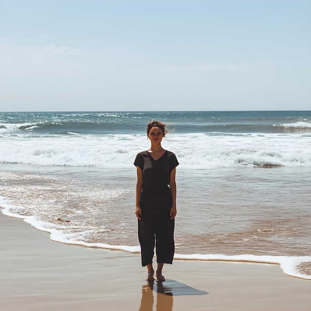 Foto junge frau in schwarzem kleid steht am strand und schaut auf das meer