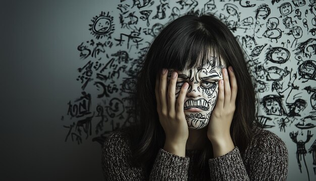 Foto junge frau mit schwarz-weißen zeichnungen auf dem gesicht, die gestresst und traurig aussieht, steht vor einer wand, die mit schwarzen zeichnungen bedeckt ist