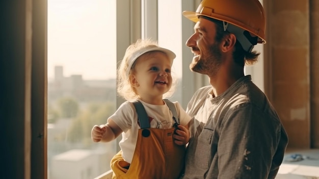 Junger Bauunternehmer und Vater stehen am Fenster einer renovierten Wohnung mit generativer KI