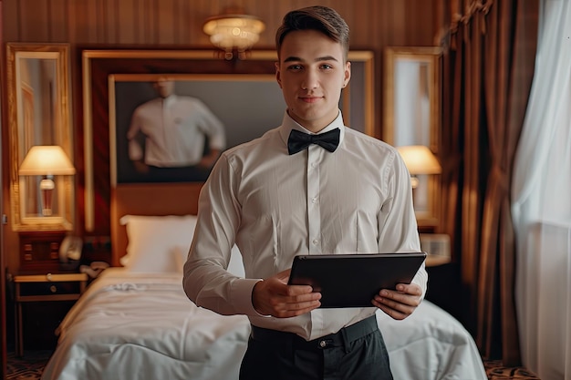 Foto junger eleganter unternehmer benutzt ein tablet im hotelzimmer mit einer kammermädchen im hintergrund