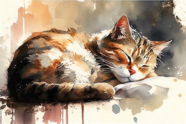 katze schläft aquarell