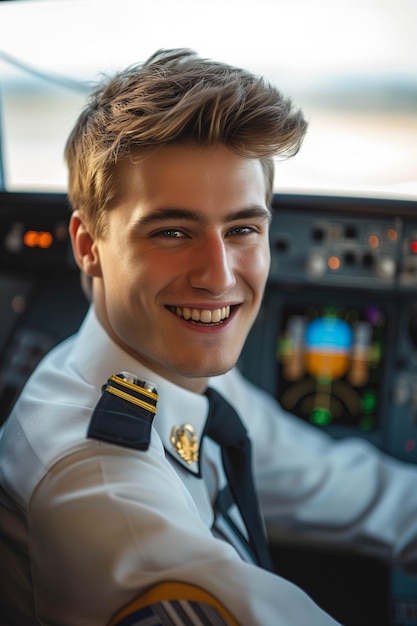 Foto kaukasischer männlicher flugzeugkapitän in uniform im cockpit