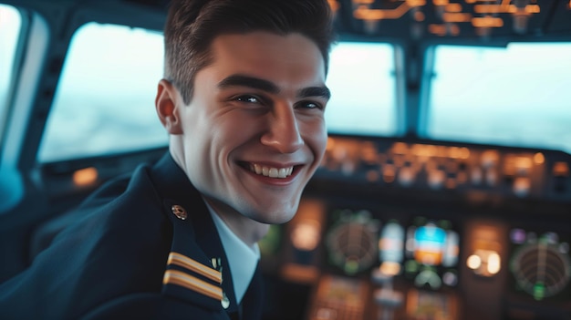 Foto kaukasischer männlicher flugzeugkapitän in uniform im cockpit