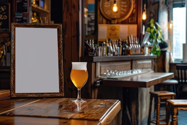 Foto klassisches pub-interieur mit pint bier auf holzbar und leeren rahmen