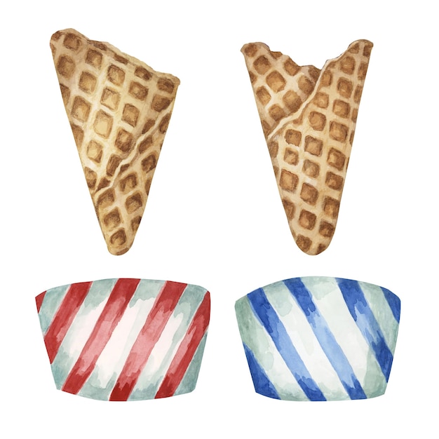 Foto knusprige waffelkegeln und gestreifte papiertassen aquarell-illustration von eis-themen-zubehör realistisch handgezeichneter clipart für das café-stand-menü