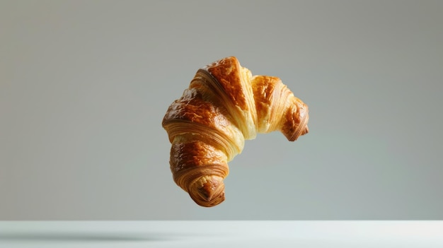 Foto knuspriger croissant, der in der luft hängt, isoliert auf einer minimalistischen kulisse