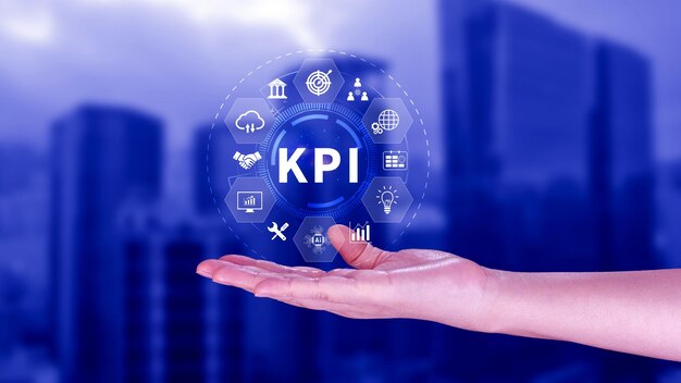 Foto kpi key performance indicator konzept management-daten system kpi verknüpfte datenbank folgen erträgen operationen und verkaufsdaten finanzgeschäftsdaten analyse grafik-dashboard