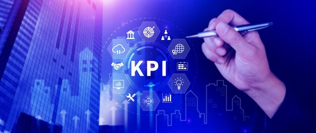 Foto kpi key performance indicator konzept management-daten system kpi verknüpfte datenbank folgen erträgen operationen und verkaufsdaten finanzgeschäftsdaten analyse grafik-dashboard