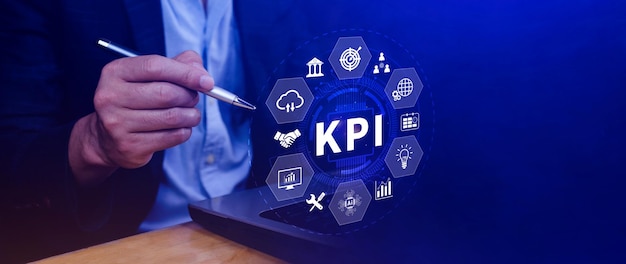 Foto kpi key performance indicator konzept management-daten system kpi verknüpfte datenbank folgen erträgen operationen und verkaufsdaten finanzgeschäftsdaten analyse grafik-dashboard