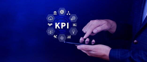 Foto kpi key performance indicator konzept management-daten system kpi verknüpfte datenbank folgen erträgen operationen und verkaufsdaten finanzgeschäftsdaten analyse grafik-dashboard