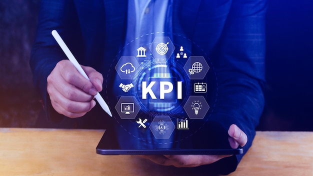 Foto kpi key performance indicator konzept management-daten system kpi verknüpfte datenbank folgen erträgen operationen und verkaufsdaten finanzgeschäftsdaten analyse grafik-dashboard