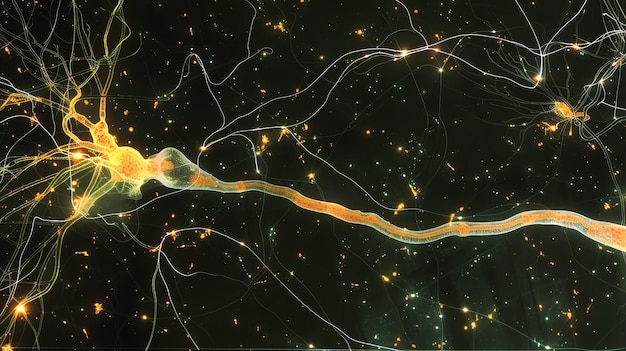 Foto künstlerische darstellung eines neurons das bild ist ein leuchtend gelbes und orangefarbenes neuron mit dendriten und synapsen auf schwarzem hintergrund