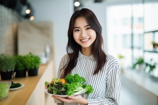 Foto lächelnde asiatische frau mit gesundem salat in der küche