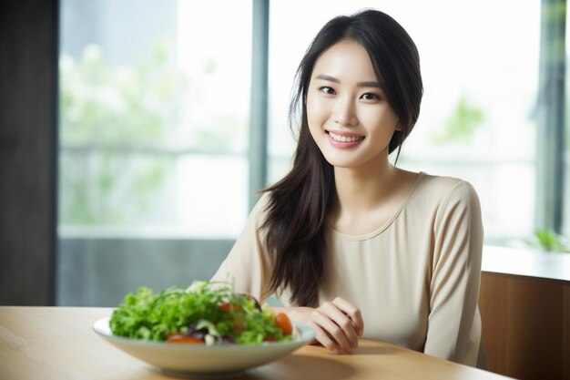 Foto lächelnde asiatische frau mit gesundem salat in der küche