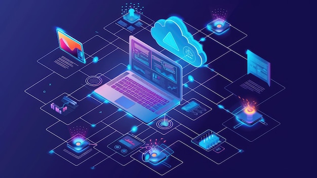 Foto laptop-verbindung auf cloud-speicher zur zusammenarbeit mit remote-teams zusammenarbeit arbeitet über das internet und arbeitet mit projekten in gemeinsamem zugriff isometrische infografik konzept ki generiert