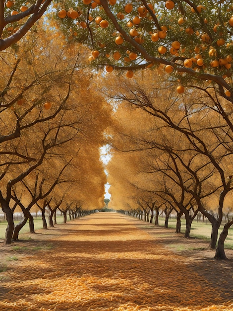 Foto laranjeiras alinham-se no caminho em um laranjal