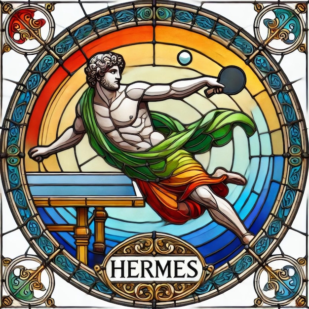 Foto lebendige glasmalerei des griechischen gottes hermes in tischtennispose