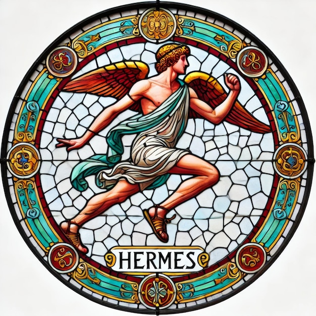 Foto lebendiges buntglas, das den griechischen gott hermes in einer laufenden pose darstellt