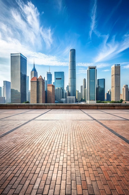 Foto leerer ziegelsteinboden mit stadtbild der modernen stadt